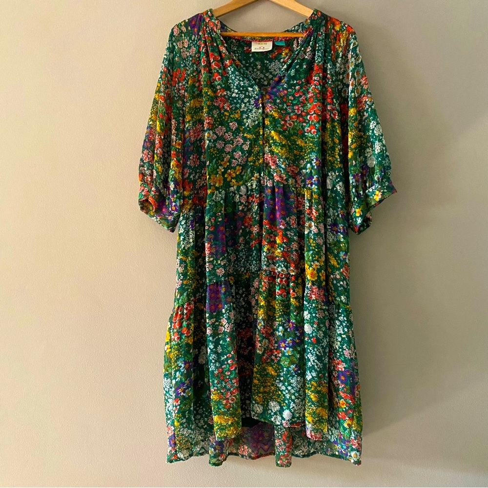 Anthropologie Maeve Green Mixed Floral Watercolor Print Lined Dress Size 2X